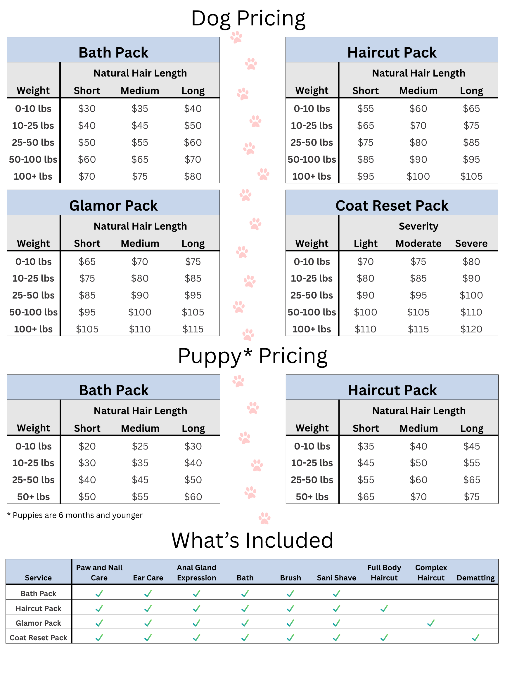 Professional dog grooming pricing chart detailing service packages